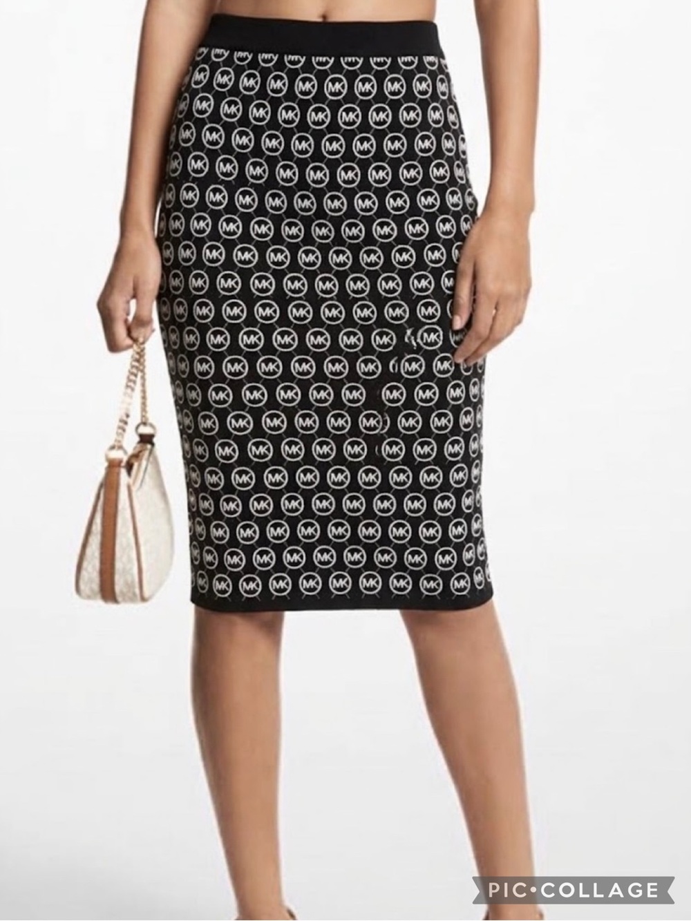 Michael Michael Kors Logo Jacquard Pencil Skirt Black White Knit NWT S